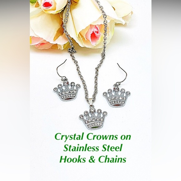 Crystal Crown Earrings or Set With Necklace, Princess Party, Stainless Steel NWT - Picture 1 of 7